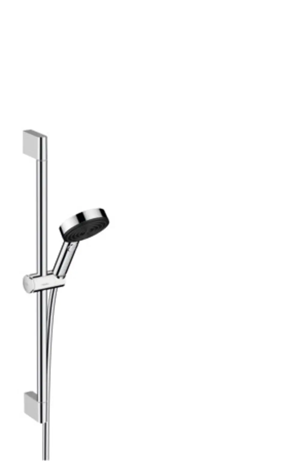 Brauseset von Hansgrohe mit Handbrause an verstellbarer Brausestange. Die Handbrause hat einen runden Kopf und einen flexiblen Schlauch. Minimalistisches Design.